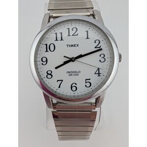 Timex Indiglo Easy Reader Watch Men 35mm Case Silver Stretch Band- New Battery